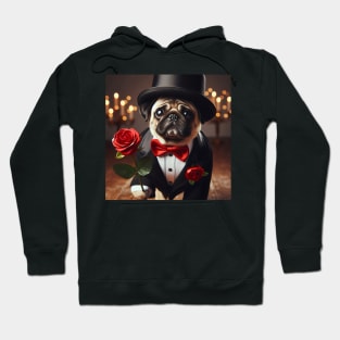 Sad pug dog in tuxedo suit with red rose Hoodie